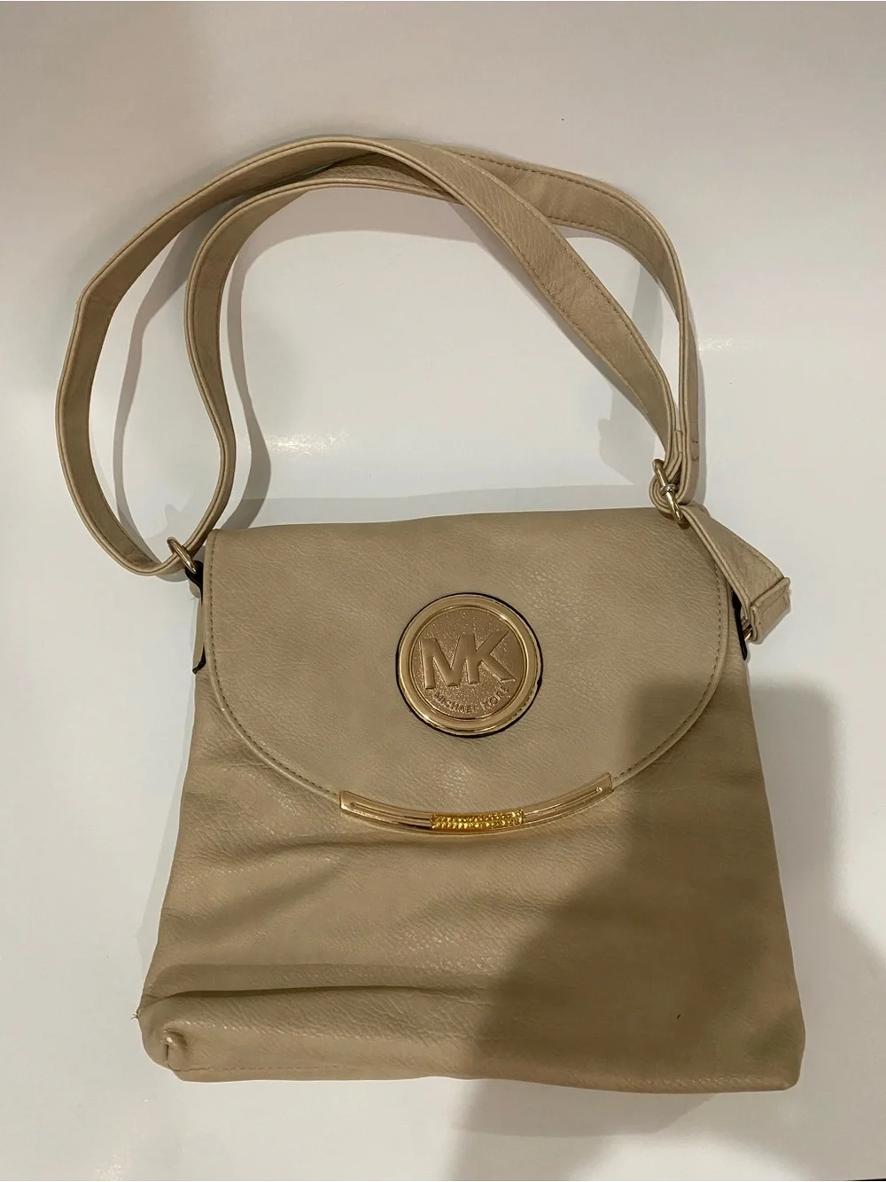 Michael Kors Beige Crossbody Messenger Shoulder Bag with Gold-Tone Logo